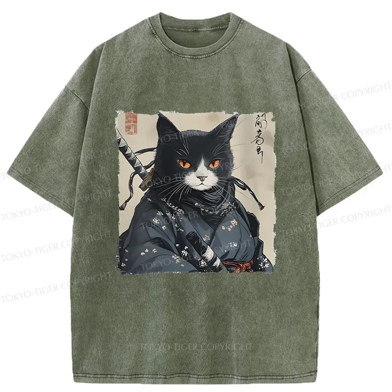 Tokyo-Tiger Handsome Samurai Cat Washed T-Shirt Sale