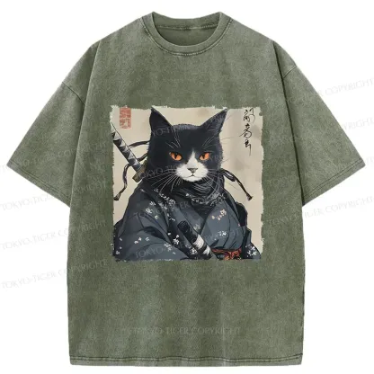 Tokyo-Tiger Handsome Samurai Cat Washed T-Shirt