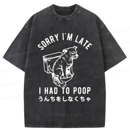 Tokyo-Tiger Dog Pooping Funny Washed T-Shirt