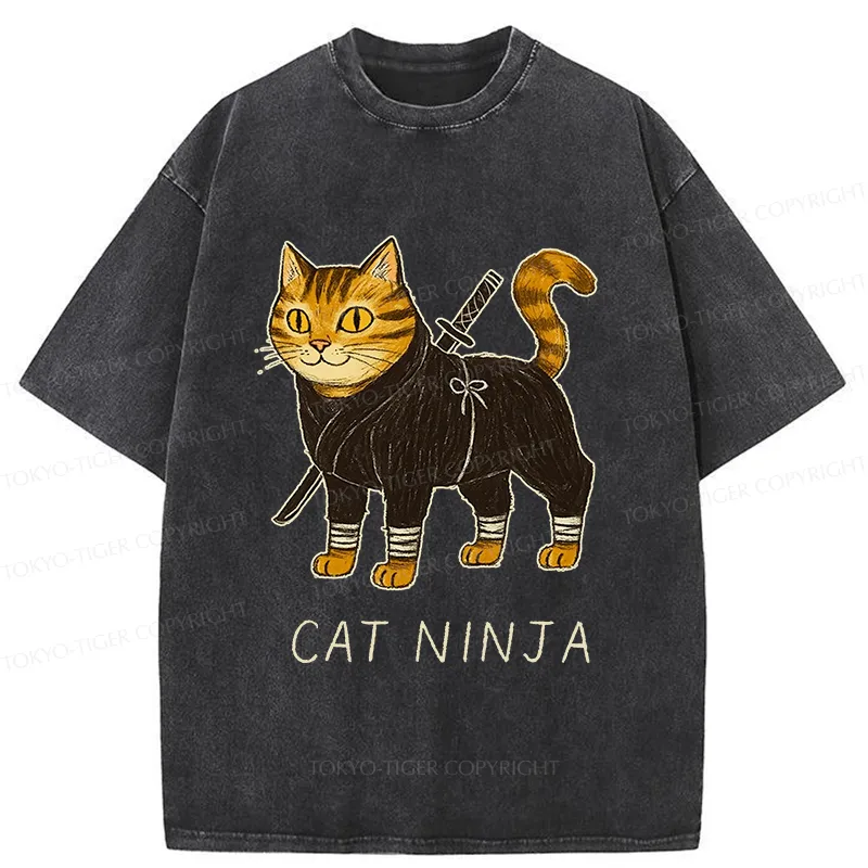 Tokyo-Tiger Cute Ninja Cat Washed T-Shirt