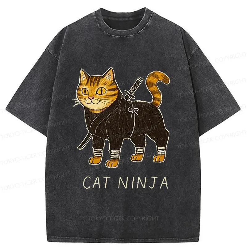 Tokyo-Tiger Cute Ninja Cat Washed T-Shirt