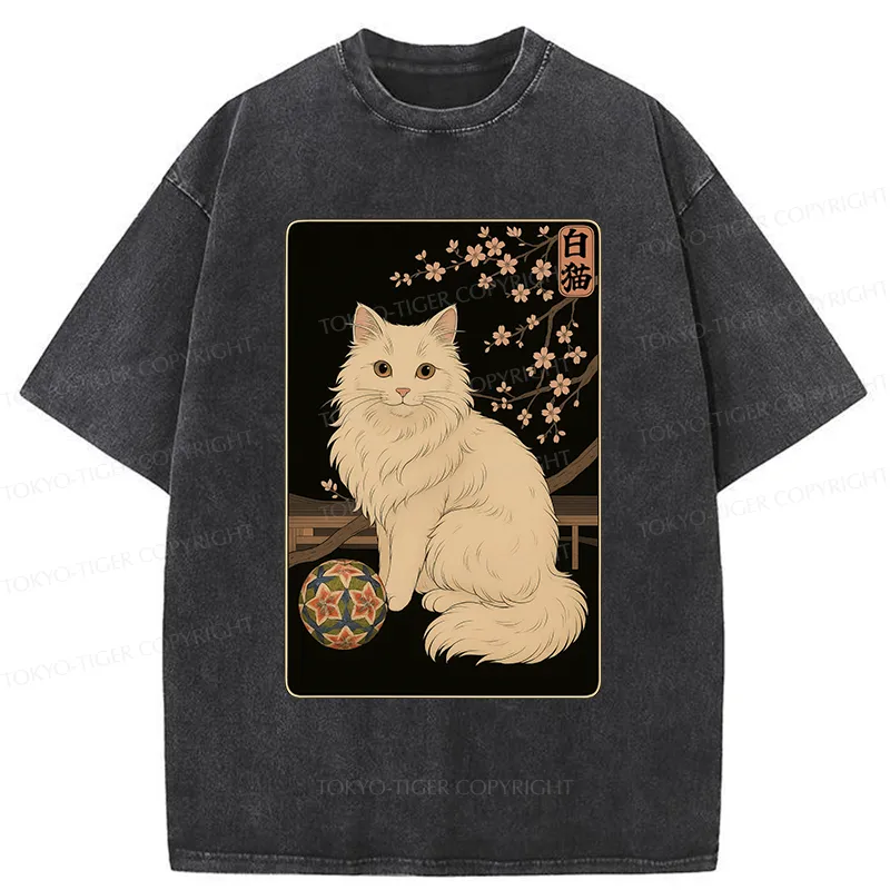 Tokyo-Tiger Retro White Cat Washed T-Shirt