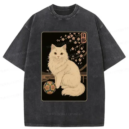 Tokyo-Tiger Retro White Cat Washed T-Shirt