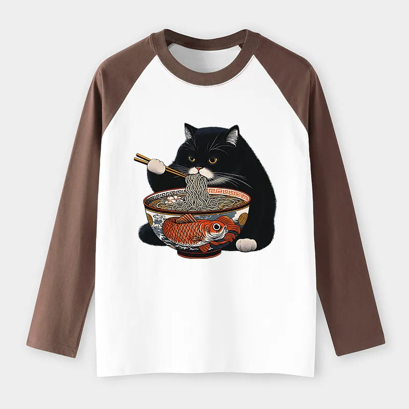 Tokyo-Tiger Fat Cat Eating Ramen Raglan Long Sleeve T-shirt