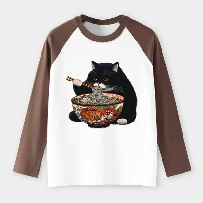 Tokyo-Tiger Fat Cat Eating Ramen Raglan Long Sleeve T-shirt