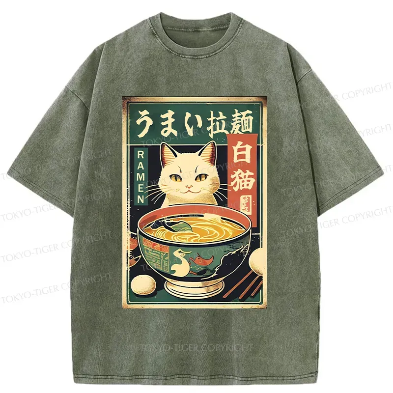 Tokyo-Tiger White Cat Eating Ramen Washed T-Shirt