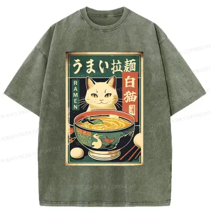 Tokyo-Tiger White Cat Eating Ramen Washed T-Shirt