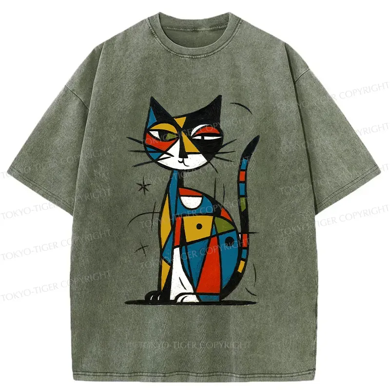 Tokyo-Tiger Abstract Japanese Cat Washed T-Shirt