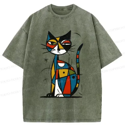 Tokyo-Tiger Abstract Japanese Cat Washed T-Shirt