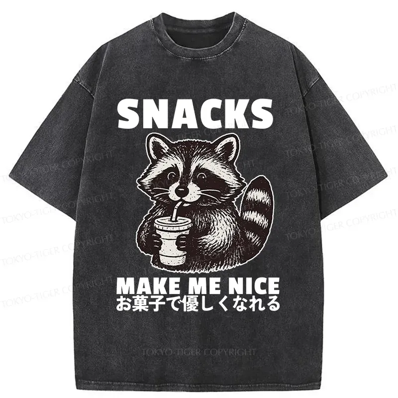 Tokyo-Tiger Raccoon Eating Snacks Washed T-Shirt
