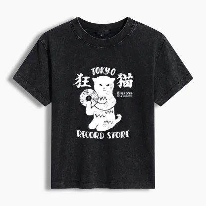 Tokyo-Tiger Tokyo Record Store Cat CD Washed T-shirt