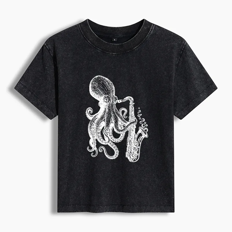 Tokyo-Tiger Octopus Playing Saxophoneg Washed T-shirt