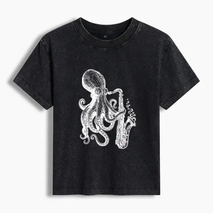 Tokyo-Tiger Octopus Playing Saxophoneg Washed T-shirt