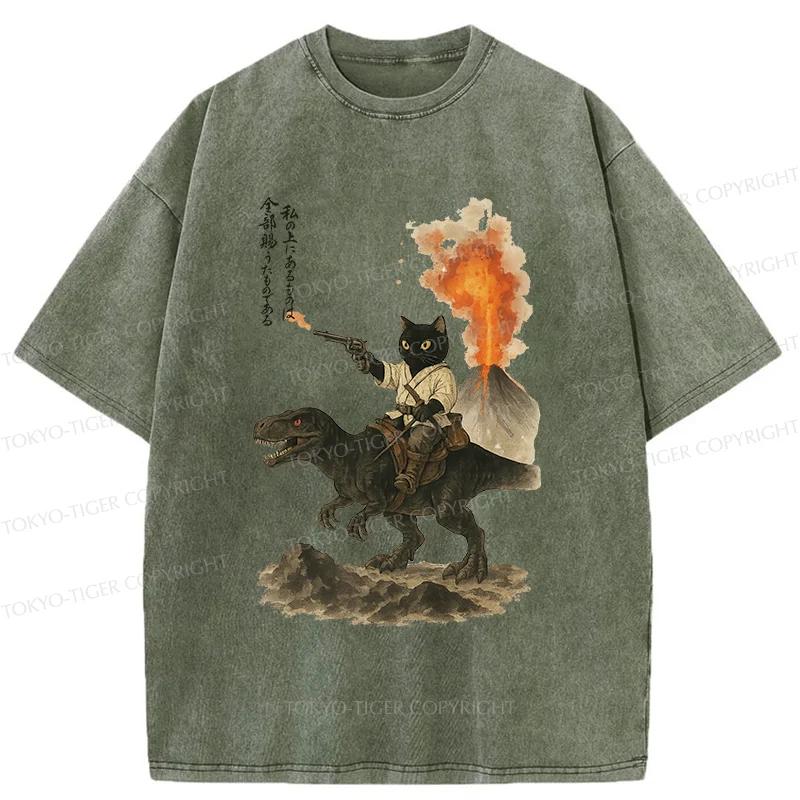 Tokyo-Tiger Cat Riding A Dinosaur Washed T-Shirt