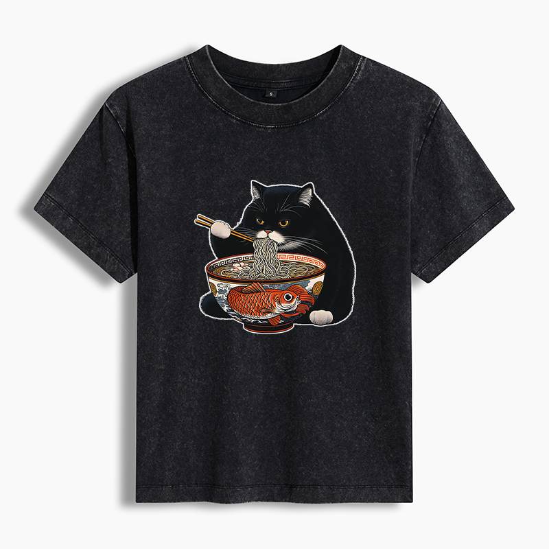 Tokyo-Tiger Fat Cat Eating Ramen Women's Washed T-shirt