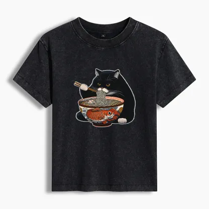 Tokyo-Tiger Fat Cat Eating Ramen Women's Washed T-shirt