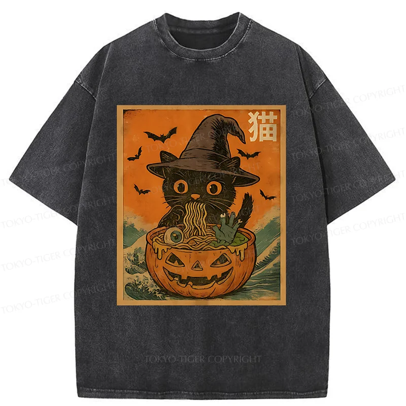 Tokyo-Tiger Halloween Cat Eating Ramen Washed T-Shirt