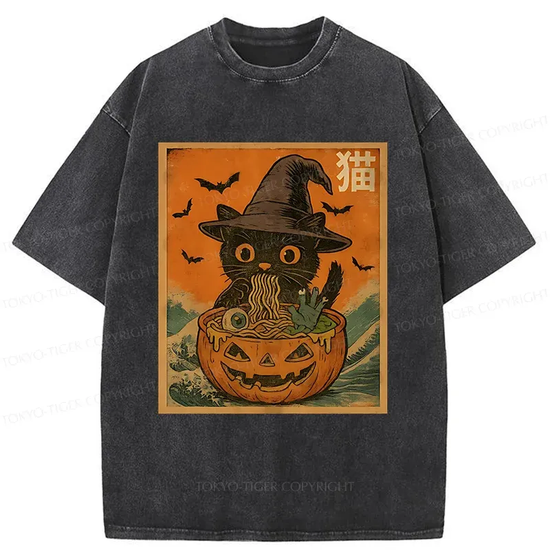 Tokyo-Tiger Halloween Cat Eating Ramen Washed T-Shirt