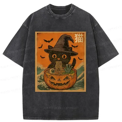 Tokyo-Tiger Halloween Cat Eating Ramen Washed T-Shirt
