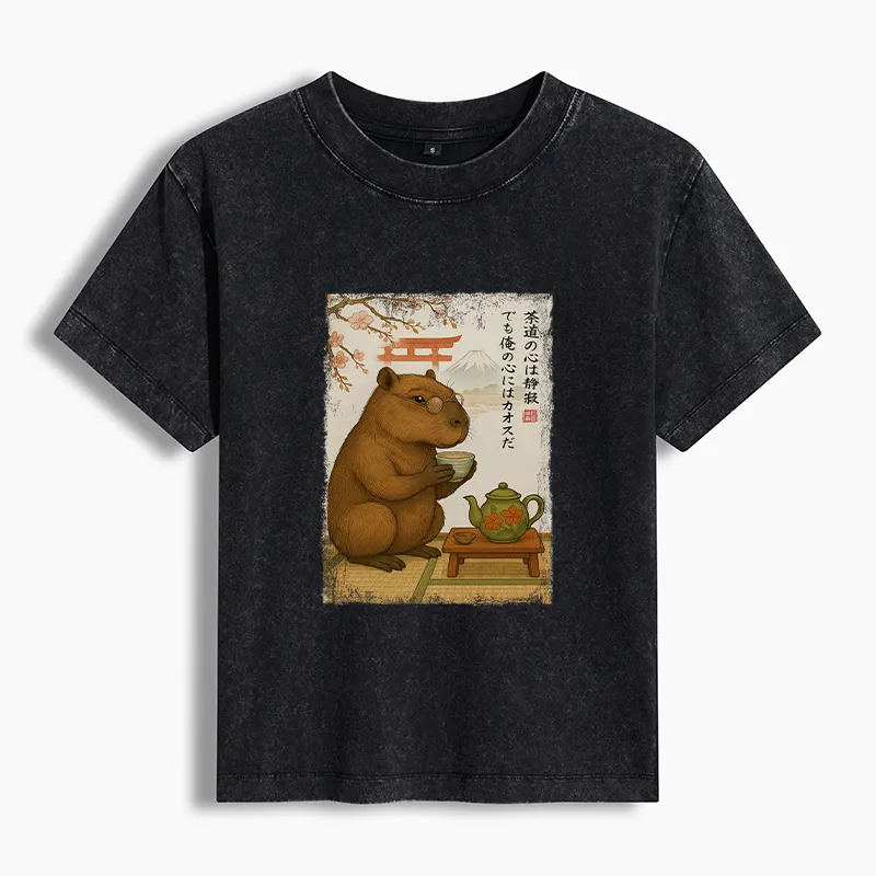 Tokyo-Tiger Tea Time With a Capybara Women's Washed T-shirt