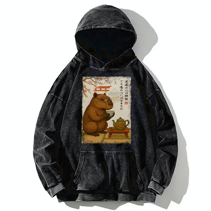 Tokyo-Tiger Tea Time With a Capybara Washed Hoodie