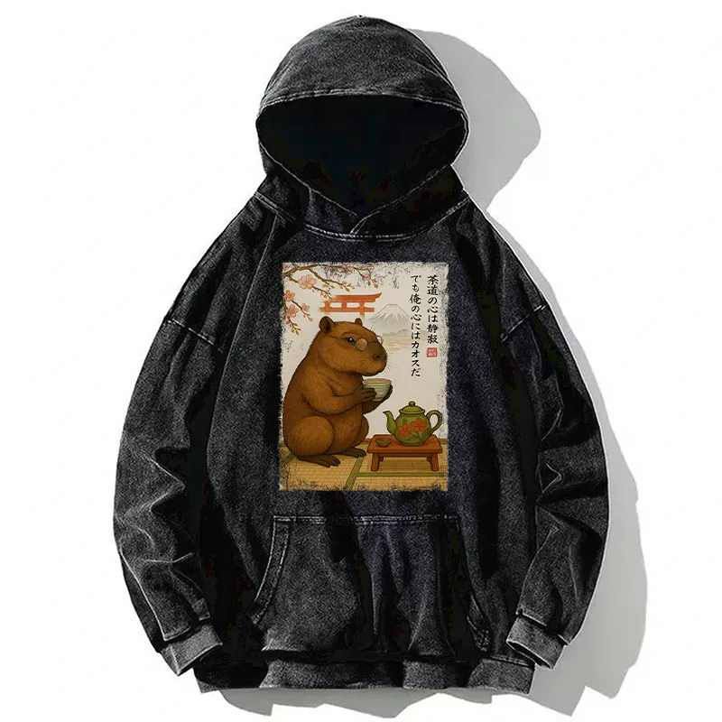 Tokyo-Tiger Tea Time With a Capybara Washed Hoodie