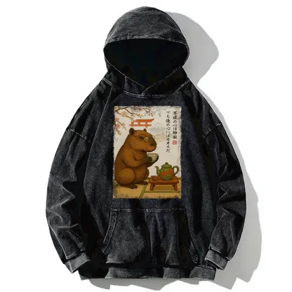 Tokyo-Tiger Tea Time With a Capybara Washed Hoodie
