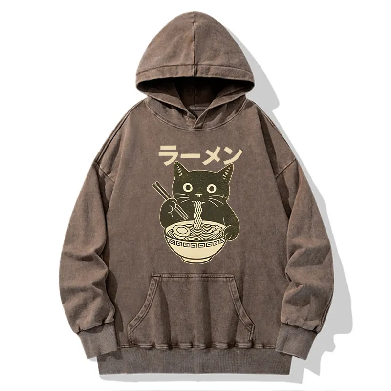 Tokyo-Tiger Simple Black Cat Eating Ramen Washed Hoodie