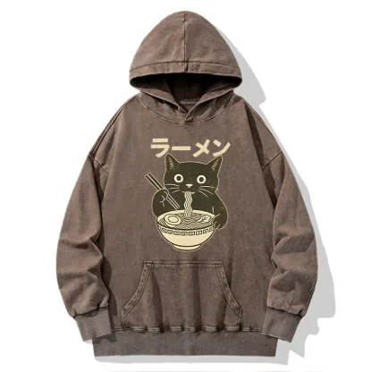 Tokyo-Tiger Simple Black Cat Eating Ramen Washed Hoodie