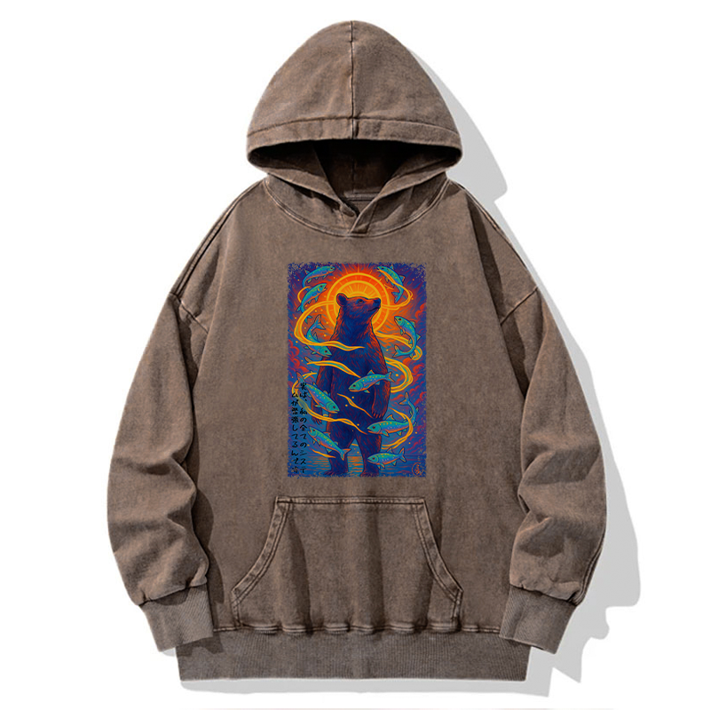 Tokyo-Tiger Ukiyoe Bear and Fish Washed Hoodie