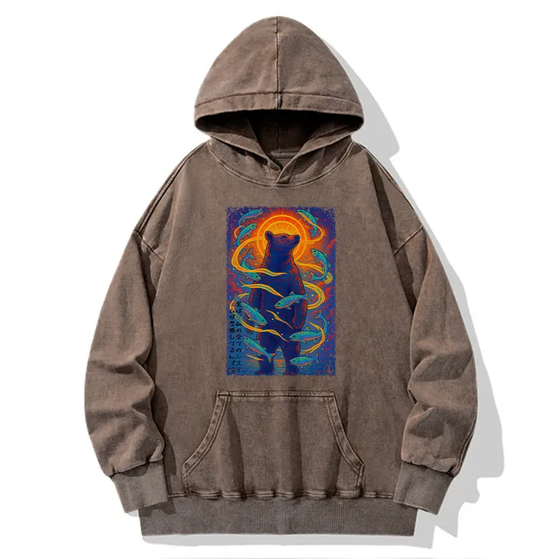 Tokyo-Tiger Ukiyoe Bear and Fish Washed Hoodie