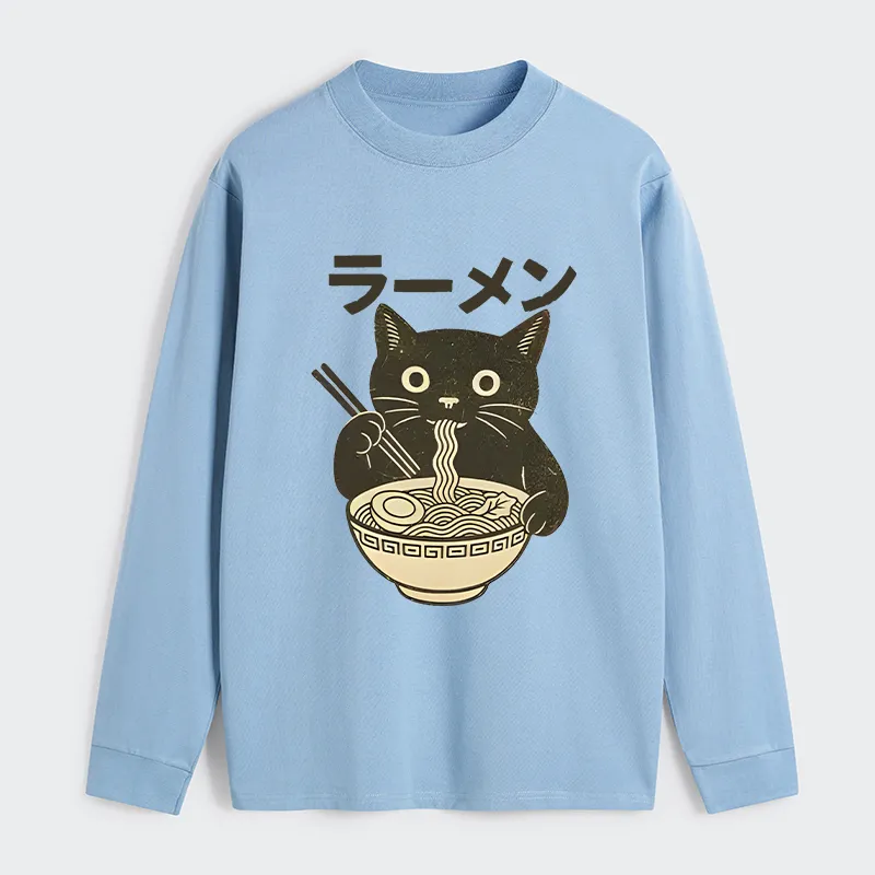 Tokyo-Tiger Simple Black Cat Eating Ramen Classic Long Sleeve T-Shirt