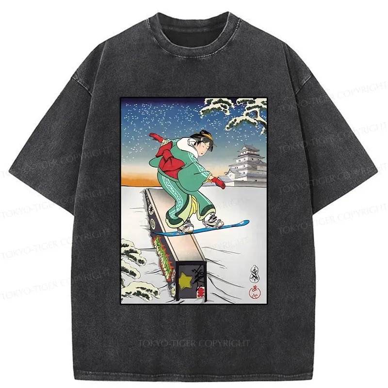 Tokyo-Tiger Skiing Geisha Washed T-Shirt