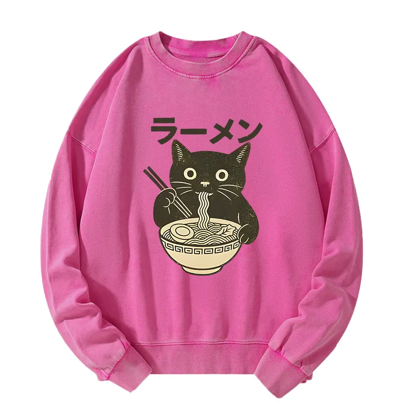 Tokyo-Tiger Simple Black Cat Eating Ramen Washed Sweatshirt