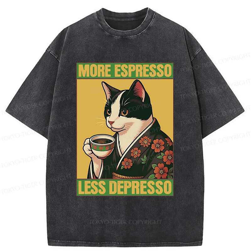 Tokyo-Tiger Tuxedo Cat Drinking Coffee Washed T-Shirt