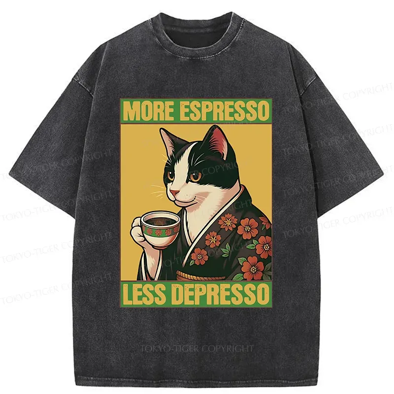 Tokyo-Tiger Tuxedo Cat Drinking Coffee Washed T-Shirt