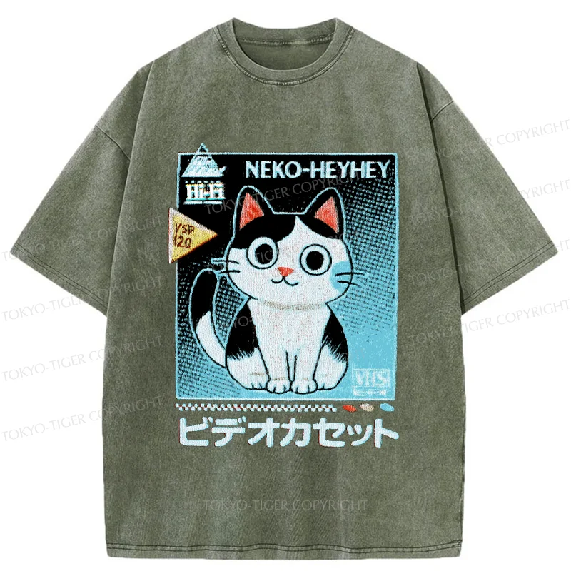 Tokyo-Tiger Retro Cat Videos Washed T-Shirt