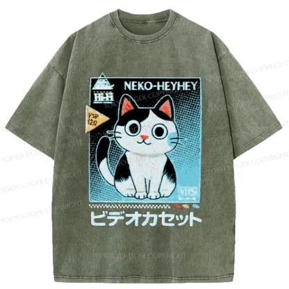 Tokyo-Tiger Retro Cat Videos Washed T-Shirt