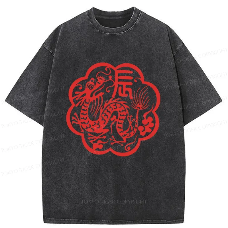 Tokyo-Tiger Dragon Paper Cutting Washed T-Shirt