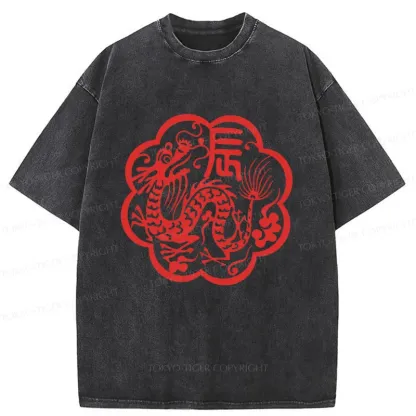 Tokyo-Tiger Dragon Paper Cutting Washed T-Shirt
