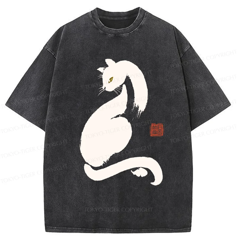 Tokyo-Tiger Elegant Black Cat Washed T-Shirt