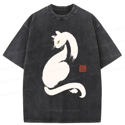 Tokyo-Tiger Elegant Black Cat Washed T-Shirt