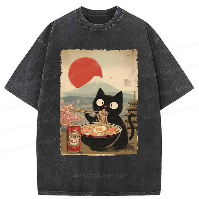 Tokyo-Tiger Cat Eating Ramen And Drinking Beer Washed T-Shirt