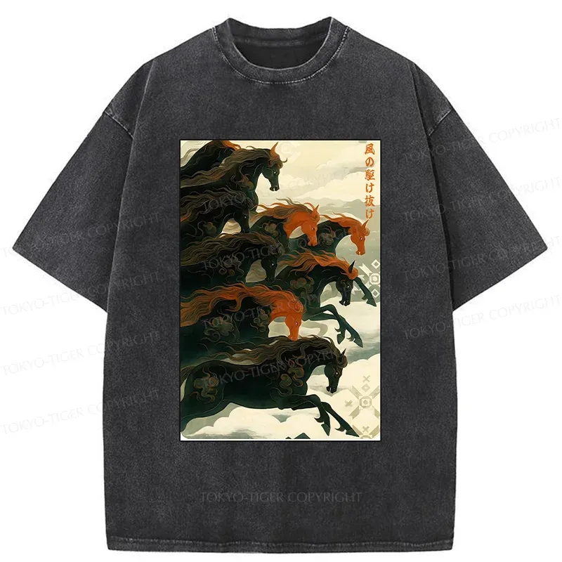 Tokyo-Tiger Galloping Horses Washed T-Shirt