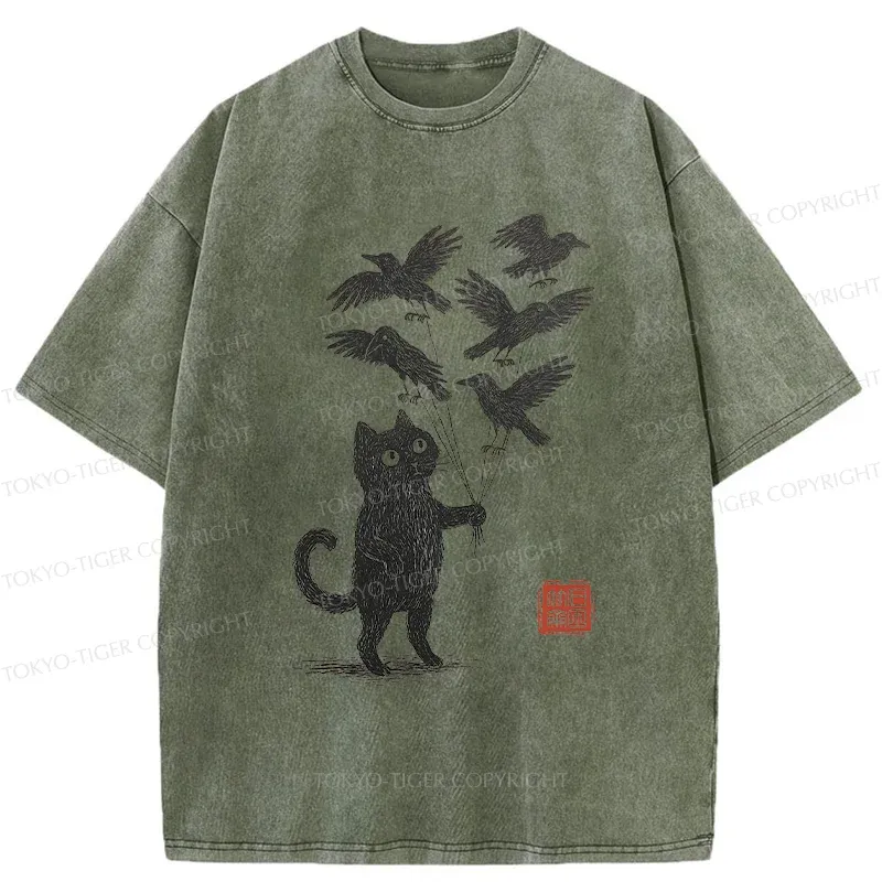 Tokyo-Tiger Cat And The Captured Crow Washed T-Shirt