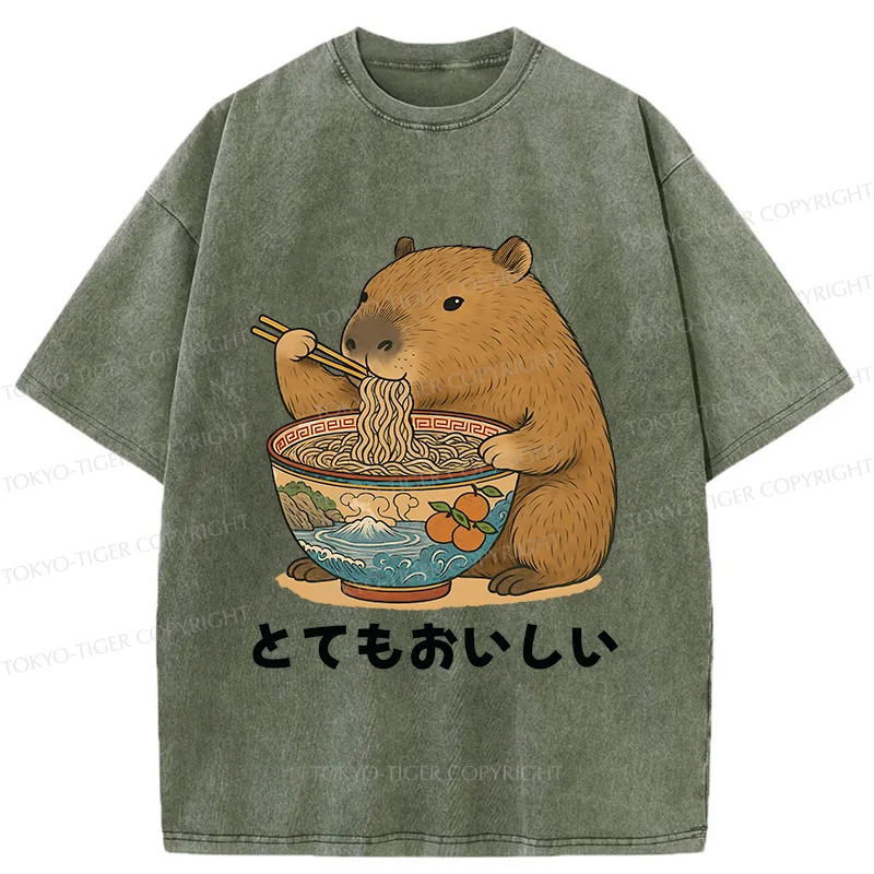 Tokyo-Tiger Capybara Eating Ramen Japan Washed T-Shirt