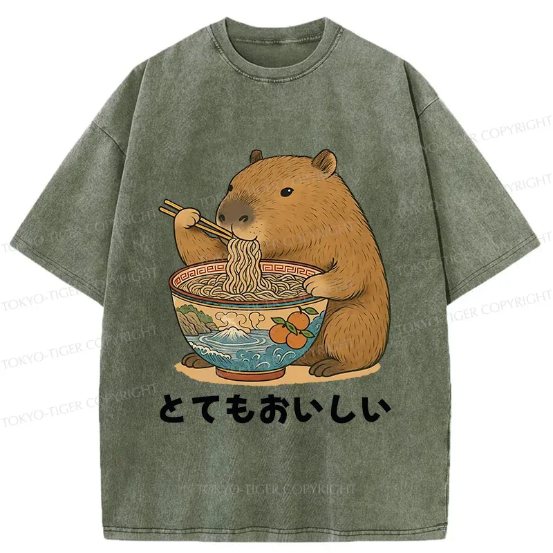 Tokyo-Tiger Capybara Eating Ramen Japan Washed T-Shirt