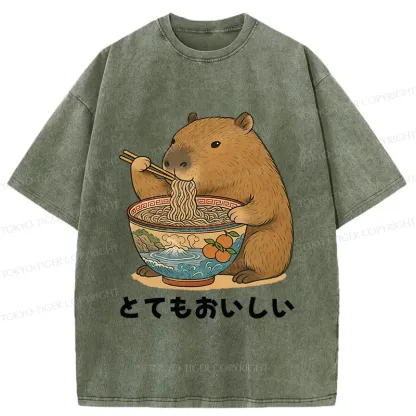 Tokyo-Tiger Capybara Eating Ramen Japan Washed T-Shirt