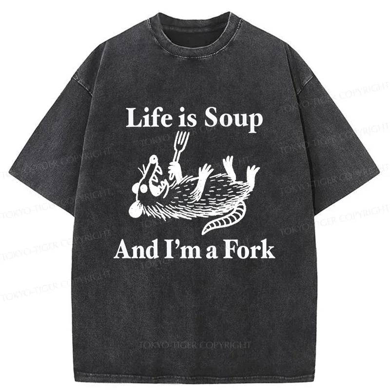 Tokyo-Tiger Possum Holding A Fork Washed T-Shirt