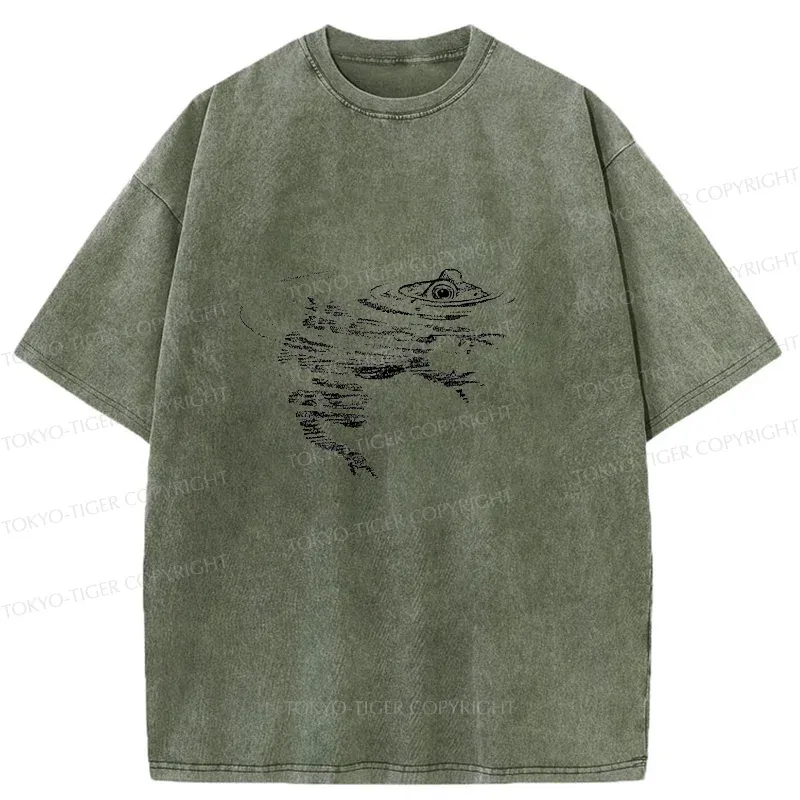 Tokyo-Tiger Frog Emerging From The Water Washed T-Shirt